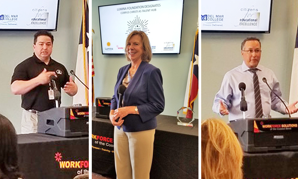 Announcing Corpus Christi’s designation as a Talent Hub at a news conference Tuesday, June 5, were three representatives of the organizations that will be using a $275,000 grant to train workers for coming Corpus Christi jobs: Leonard Rivera (left), dean of continuing education and off-campus programs at Del Mar College; Dr. Janet Cunningham, executive director of Citizens for Educational Excellence; and Ken Trevino, president and CEO of Workforce Solutions of the Coastal Bend. Courtesy photos