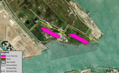 A map of where very large crude carriers would dock on Harbor Island for oil export loading. A 50-year lease for the land to Lone Star Ports was ended by a vote of the Port of Corpus Christi commissioners March 16. Courtesy image