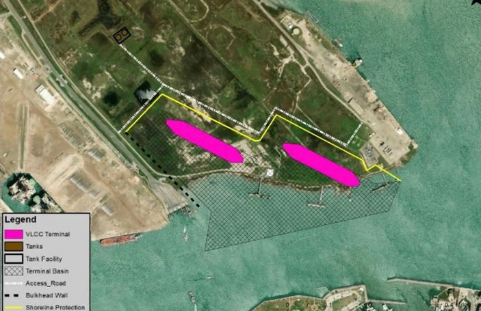 A map of where very large crude carriers would dock on Harbor Island for oil export loading. A 50-year lease for the land to Lone Star Ports was ended by a vote of the Port of Corpus Christi commissioners March 16. Courtesy image