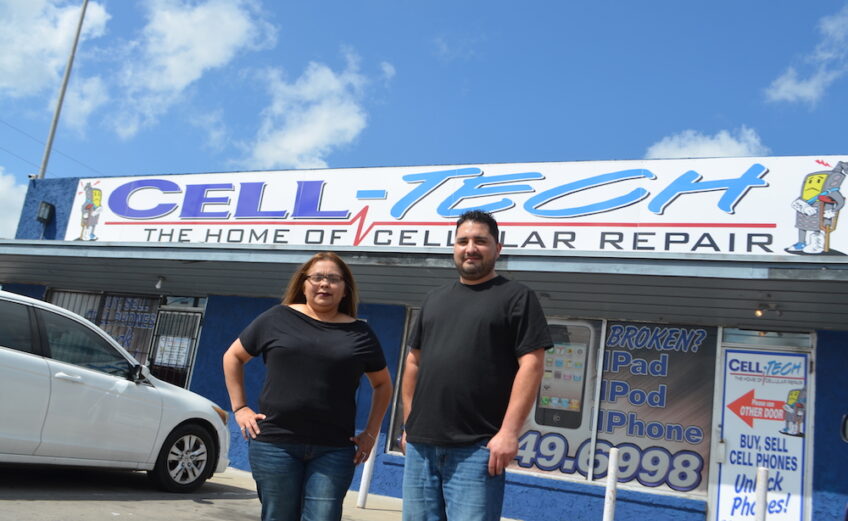 Receptionist Melissa Hernandez and manager Rene Flores are ready to assist with repairs or sales of a wide selection of mobile phones, tablets and other digital devices at Cell-Tech’s convenient location on South Padre Island Drive just off Kostoryz Road. Photo by Jane Kathleen Gregorio
