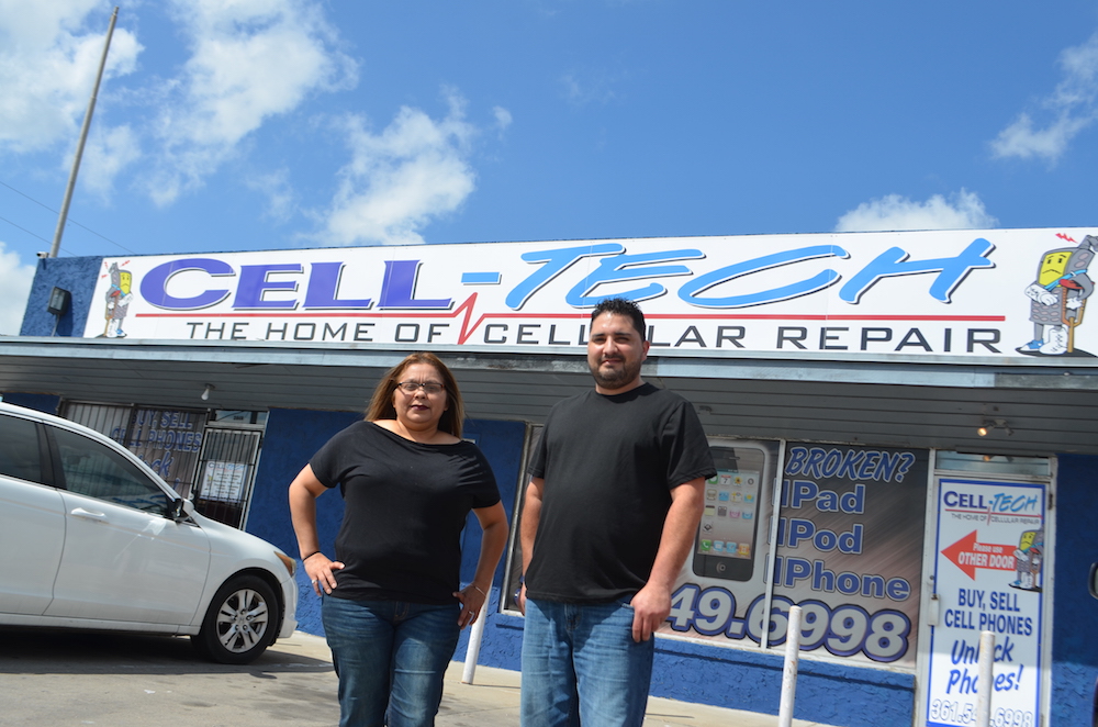 Receptionist Melissa Hernandez and manager Rene Flores are ready to assist with repairs or sales of a wide selection of mobile phones, tablets and other digital devices at Cell-Tech’s convenient location on South Padre Island Drive just off Kostoryz Road. Photo by Jane Kathleen Gregorio