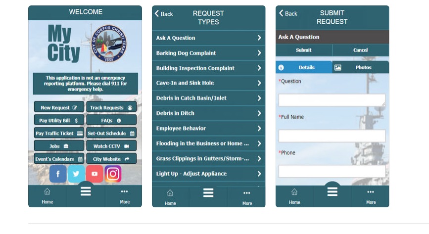 A screen capture of how the Corpus Christi’s new app My City looks on smartphones. The app allows customers to pay utility bills, report nuisances, track flight times, and more.