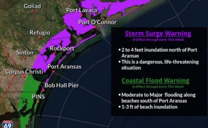 National Weather Service image of Tropical Storm Beta's storm surge warning and coastal flood warnings in the Coastal Bend. Courtesy image