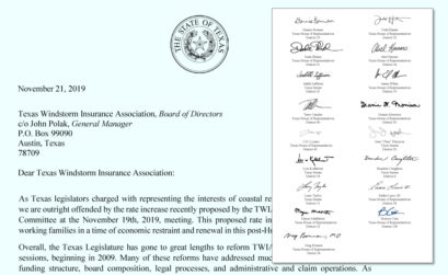 A copy of the letter signed by 18 legislators that was sent to the Texas Windstorm Insurance Association Board of Directors after a meeting of TWIA’s Actuarial and Underwriting Committee. The letter calls on board members to vote down a recommended 5 percent rate hike.