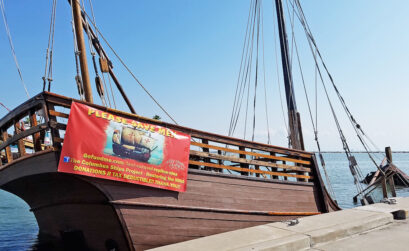 The Niña as it sits partially sunk in the Corpus Christi Marina after Hurricane Harvey. The ship is a replica of one used by Christopher Columbus to “sail the ocean blue in 1492.” It is the only one left of three built to commemorate the 500-year anniversary of Columbus’s storied journey. Photo by Jane Kathleen Gregorio