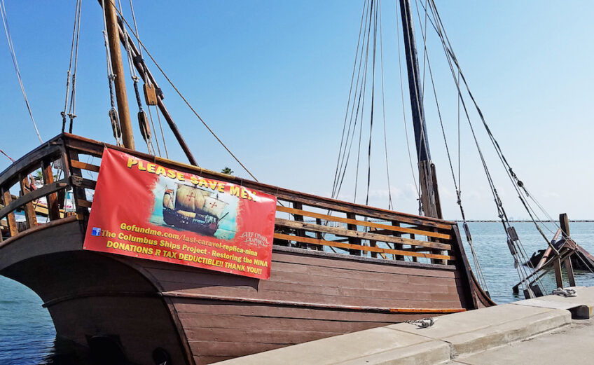 The Niña as it sits partially sunk in the Corpus Christi Marina after Hurricane Harvey. The ship is a replica of one used by Christopher Columbus to “sail the ocean blue in 1492.” It is the only one left of three built to commemorate the 500-year anniversary of Columbus’s storied journey. Photo by Jane Kathleen Gregorio