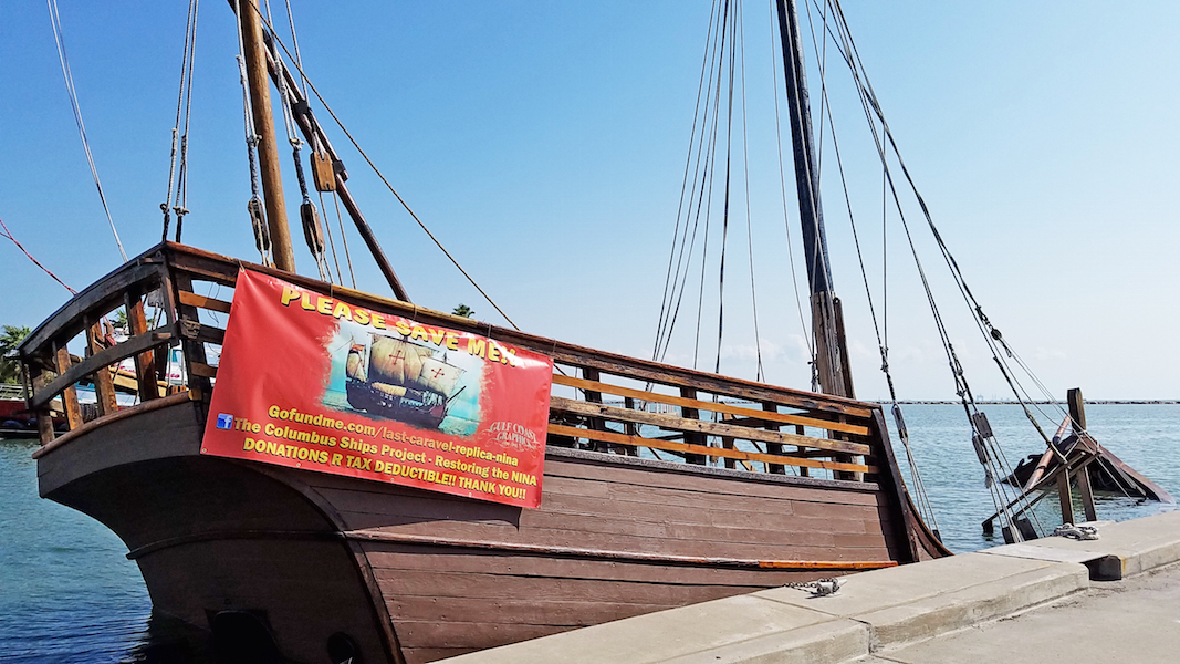 The Niña as it sits partially sunk in the Corpus Christi Marina after Hurricane Harvey. The ship is a replica of one used by Christopher Columbus to “sail the ocean blue in 1492.” It is the only one left of three built to commemorate the 500-year anniversary of Columbus’s storied journey. Photo by Jane Kathleen Gregorio