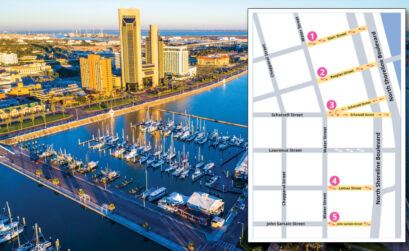 A map of five streets soon to be converted from one-way to two-way traffic in downtown Corpus Christi. The streets connect the city’s bayfront to its downtown area. Courtesy map