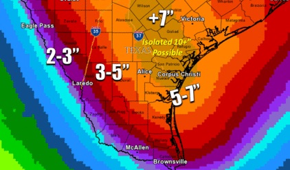 A NOAA weather map tracks a slow moving weather system across the Coastal Bend as it moves north toward San Antonio and Austin. As much as 7-10 of rain could fall on some areas. Courtesy Image