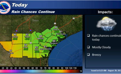 As Tropical Storm Harvey moves off the coast today, showers and thunderstorms are expected to increase across South Texas. Temperatures will remain well below normal, mainly in the 80s. Expect breezy conditions through the Coastal Bend and Coastal Plains. Map from National Weather Service Corpus Christi