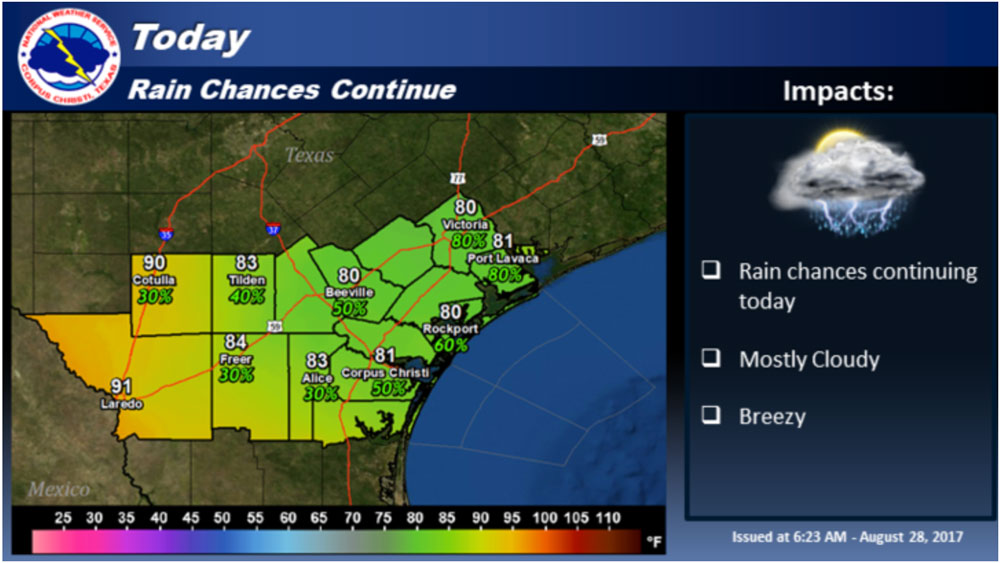 As Tropical Storm Harvey moves off the coast today, showers and thunderstorms are expected to increase across South Texas. Temperatures will remain well below normal, mainly in the 80s. Expect breezy conditions through the Coastal Bend and Coastal Plains. Map from National Weather Service Corpus Christi