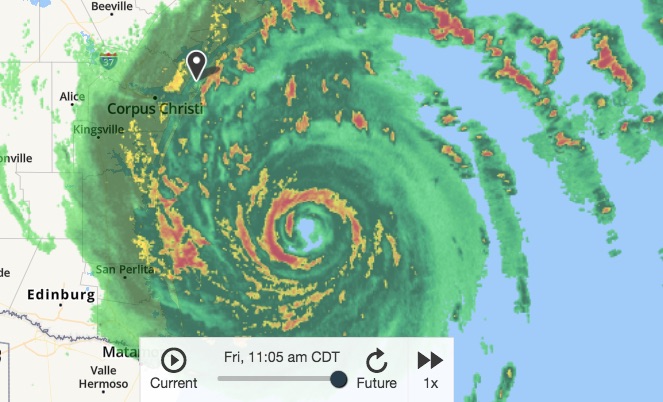 Progress of Hurricane Harvey at 11:02 a.m. Friday, August 25, according to National Weather Service mapping tools. Water is already up to the steps of the seawall on Padre Island and the bottom of the signs at beach entrances.