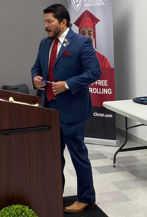 Nueces County District Attorney Mark Gonzalez speaking to students at Premier High School in Corpus Christi. A petition was recently filed to remove Gonzalez from office. Photo from Nueces County DA’s Facebook page