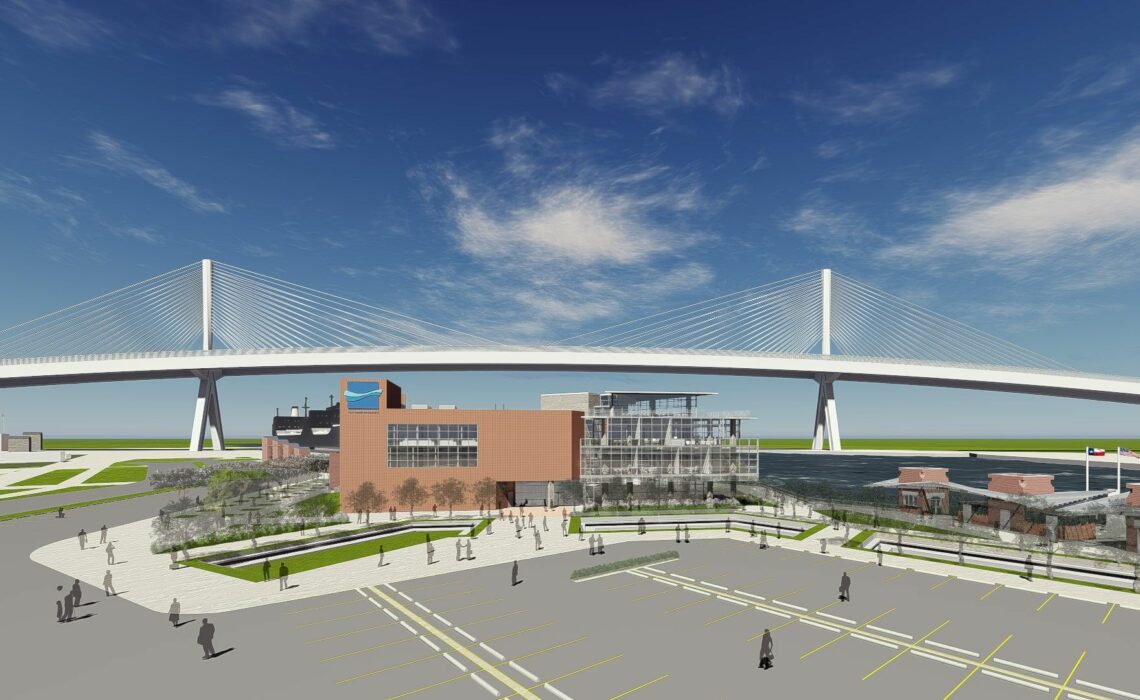 A view of what the proposed new headquarters for the Port of Corpus Christi would look like with the new Harbor Bridge in the background. Illustration by Richter Architects