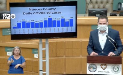 Corpus Christi City Manager Peter Zanoni presents a graph showing COVID-19 cases over the past two weeks, which jumped from 71 the first day in that time period to over 200 the second day and then reached more than 300 toward the end. The presentation was made at the joint city/county daily briefing in City Hall on Monday, July 6. Screen capture image