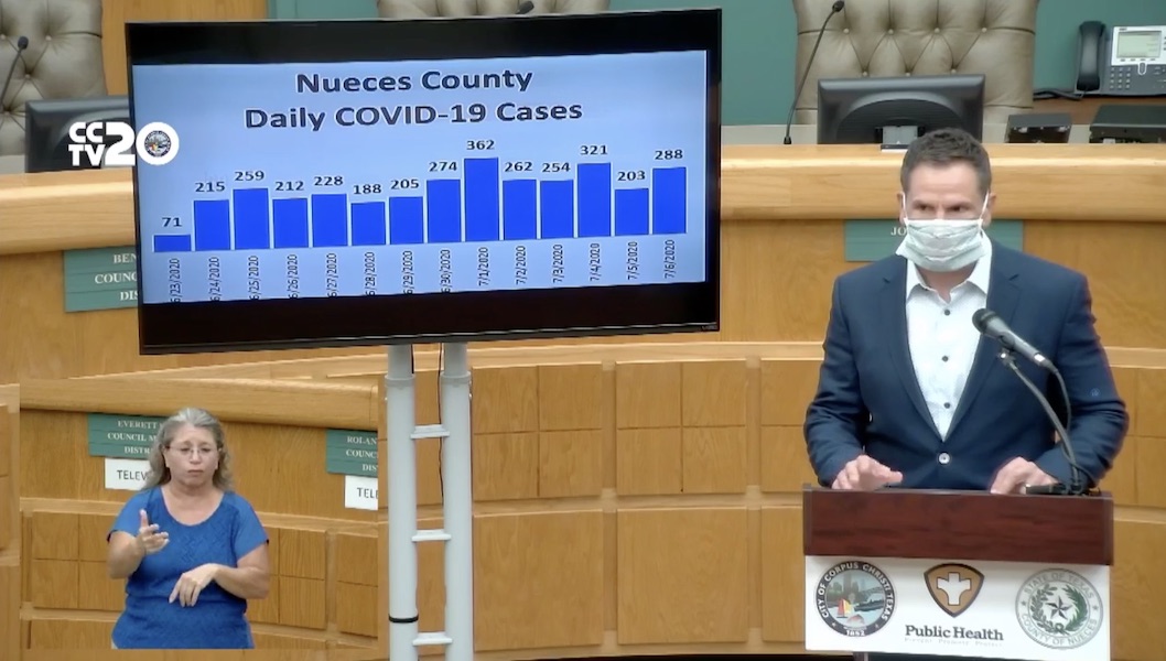Corpus Christi City Manager Peter Zanoni presents a graph showing COVID-19 cases over the past two weeks, which jumped from 71 the first day in that time period to over 200 the second day and then reached more than 300 toward the end. The presentation was made at the joint city/county daily briefing in City Hall on Monday, July 6. Screen capture image