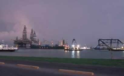 A 600-foot dredge operates directly in the path of the Texas 361 ferry crossing between Port Aransas and Aransas Pass. Ferries are still operating but will be delayed for at least two weeks beginning September 11. Courtesy photo