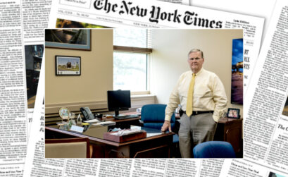 A photo of Corpus Christi Mayor Joe McComb in his City Hall office that ran in The New York Times on page 12 of Section A in the July 12, 2020, edition. Photo by Christopher Lee for The New York Times. Background, the front page of the July 12 edition of The New York Times