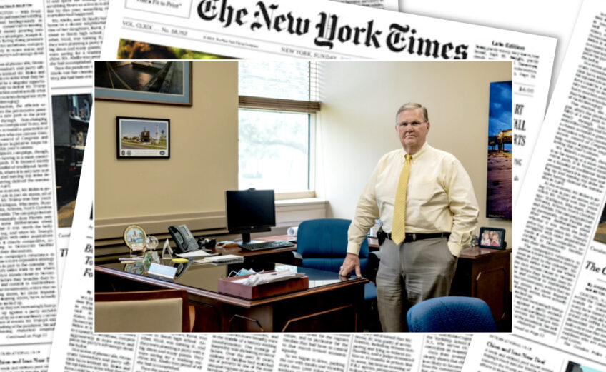 A photo of Corpus Christi Mayor Joe McComb in his City Hall office that ran in The New York Times on page 12 of Section A in the July 12, 2020, edition. Photo by Christopher Lee for The New York Times. Background, the front page of the July 12 edition of The New York Times