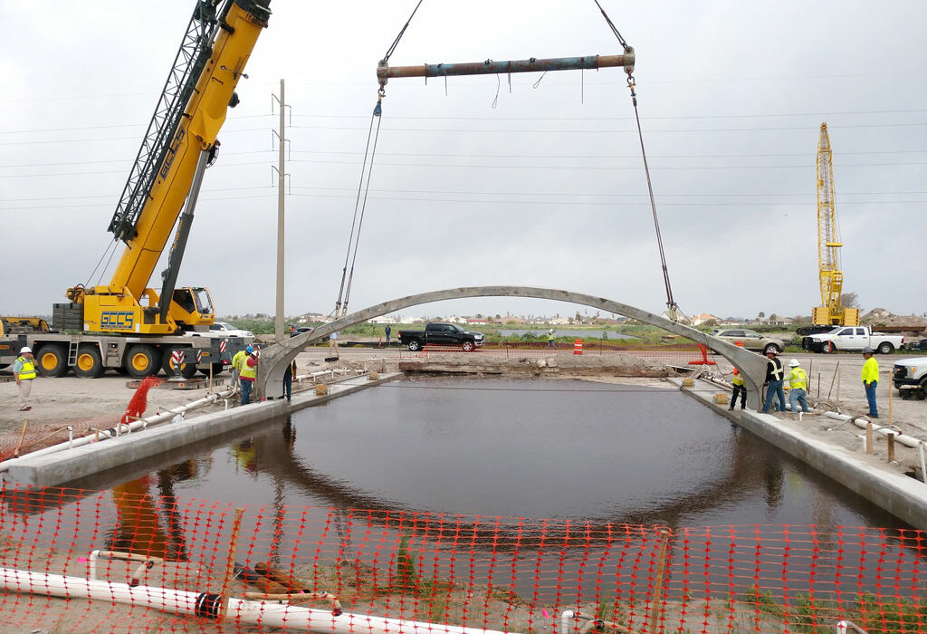 One of nine elements that will make up the northbound side of the Park Road 22 exchange bridge on Padre Island in Corpus Christi fell into place May 17, 2021. The project is expected to be complete by fall. Photo courtesy of Greg Smith