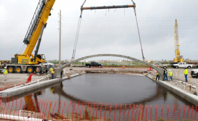 One of nine elements that will make up the northbound side of the Park Road 22 exchange bridge on Padre Island in Corpus Christi fell into place May 17, 2021. The project is expected to be complete by fall. Photo courtesy of Greg Smith