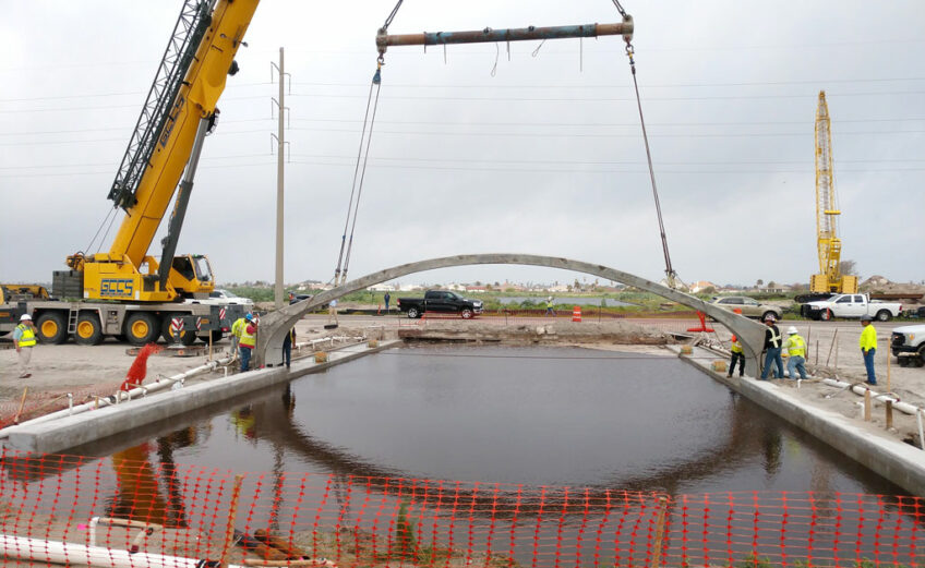 One of nine elements that will make up the northbound side of the Park Road 22 exchange bridge on Padre Island in Corpus Christi fell into place May 17, 2021. The project is expected to be complete by fall. Photo courtesy of Greg Smith