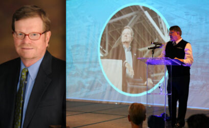 Charles Zahn announces that Port of Corpus Christi Executive Director John LaRue (left and on projection screen) will step down from that position as of Jan. 1, 2018. As chairman of the Port Commission, Zahn made the announcement during his State of the Port address Dec. 14. Courtesy photo