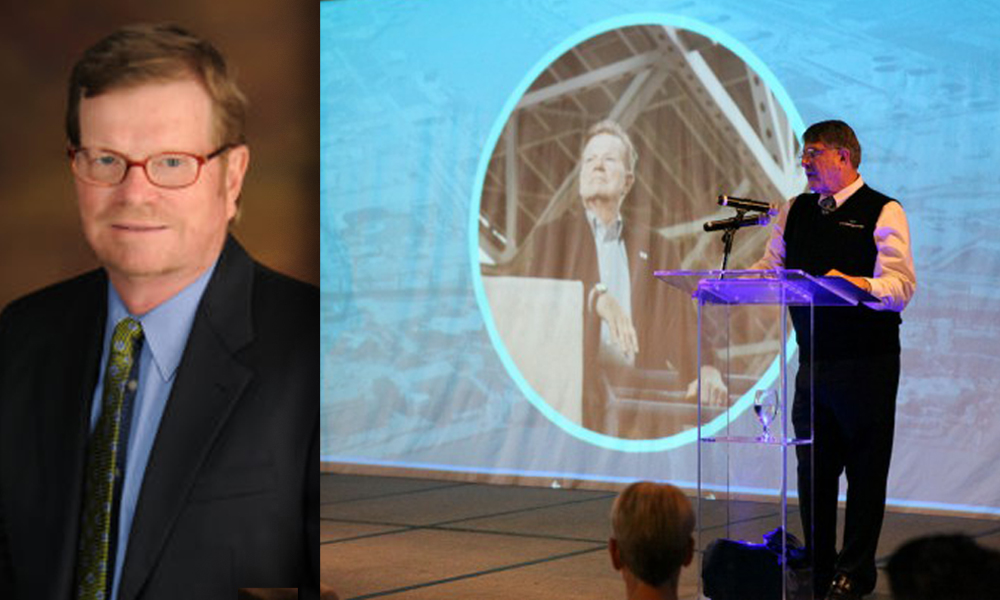 Charles Zahn announces that Port of Corpus Christi Executive Director John LaRue (left and on projection screen) will step down from that position as of Jan. 1, 2018. As chairman of the Port Commission, Zahn made the announcement during his State of the Port address Dec. 14. Courtesy photo
