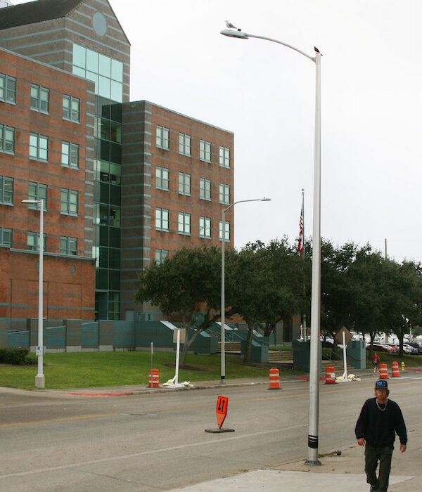 New LED street lights are being installed along Leopard Street as part of the Light Up Corpus Christi initiative. The project’s goal is to light up hot spot crime areas in the central city and North Beach. Photo by Carrie Robertson Meyer/Third Coast Photo