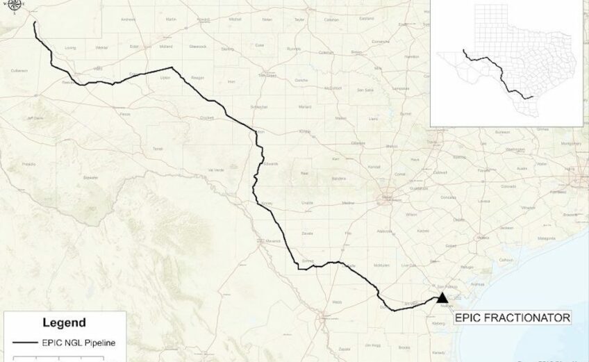 The EPIC pipeline now under construction runs from just north of the Texas/New Mexico border in West Texas across the state some 650 miles to the Gulf Coast. It will end at a fracinator plant in Corpus Christi sometime in 2019. Courtesy illustration