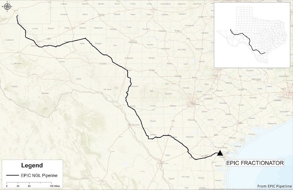 The EPIC pipeline now under construction runs from just north of the Texas/New Mexico border in West Texas across the state some 650 miles to the Gulf Coast. It will end at a fracinator plant in Corpus Christi sometime in 2019. Courtesy illustration