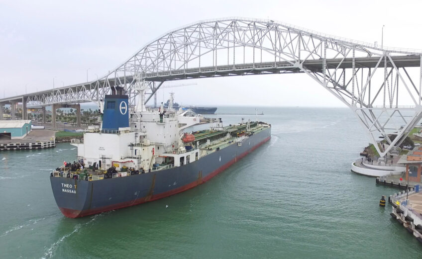 The Theo T heads to sea from the Port of Corpus Christi on Dec. 31, 2015, with the first export of crude oil in the U.S. since Congress lifted the ban Dec. 18. With a deeper, wider ship channel, the port will be able to handle bigger ships and increased traffic due to the lifting of the ban. Photo courtesy Port of Corpus Christi