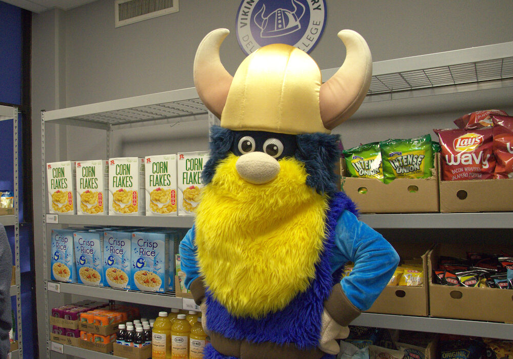 Valdar the Viking at the Viking Food Pantry in the Harvin Student Center on Del Mar College’s East Campus. The pantry opened with fanfare on April 18. Courtesy photo