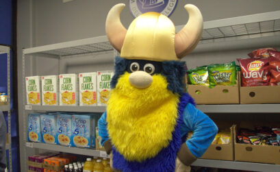 Valdar the Viking at the Viking Food Pantry in the Harvin Student Center on Del Mar College’s East Campus. The pantry opened with fanfare on April 18. Courtesy photo