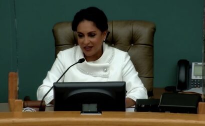 Mayor Paulette Guajardo makes remarks at the dais after she and the entire City Council were sworn in to new two-year terms of office. The new council not only has a new mayor but two new at-large members and a new representative for District 1. Screen-captured image