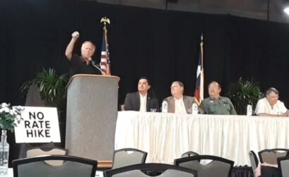 State Rep. Todd Hunter (R-Corpus Christi) displayed his anger over recent windstorm insurance rate increases at a rally in Corpus Christi on Sept. 24. Also protesting the 10 percent increase by the Texas Windstorm Insurance Agency were (from left) State Rep. J.M. Lozano (R-Kingsville), Corpus Christi Mayor Joe McComb, Ingleside Mayor Ronnie Parker, and Port of Corpus Christi Commission Chair Charles Zahn. Courtesy photo