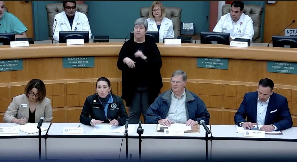 Officials announcing the first Nueces County case of COVID-19 include Director of City/County Public Health Annette Rodriguez (left), County Judge Barbara Canales, Corpus Christi Mayor Joe McComb, and City Manager Peter Zanoni. Screen capture taken from Facebook live