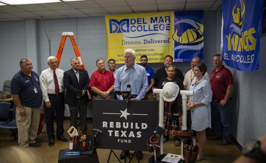 U.S. Sen. John Cornyn says a few words before donning a hard hat and picking up a hammer in a carpentry class at Del Mar College in Corpus Christi. Del Mar is expanding the classes in January to train even more workers to help rebuild the Coastal Bend after Hurricane Harvey in 2017. Courtesy photo