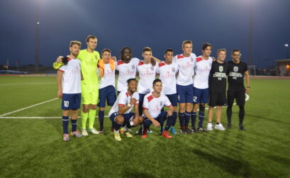 The Corpus Christi Sharks soccer team poses for a group photo after a successful first game against the Houston Royals. The Sharks took a bite out of the Royals with a 3-0 win. Photo by Jane Kathleen Gregorio