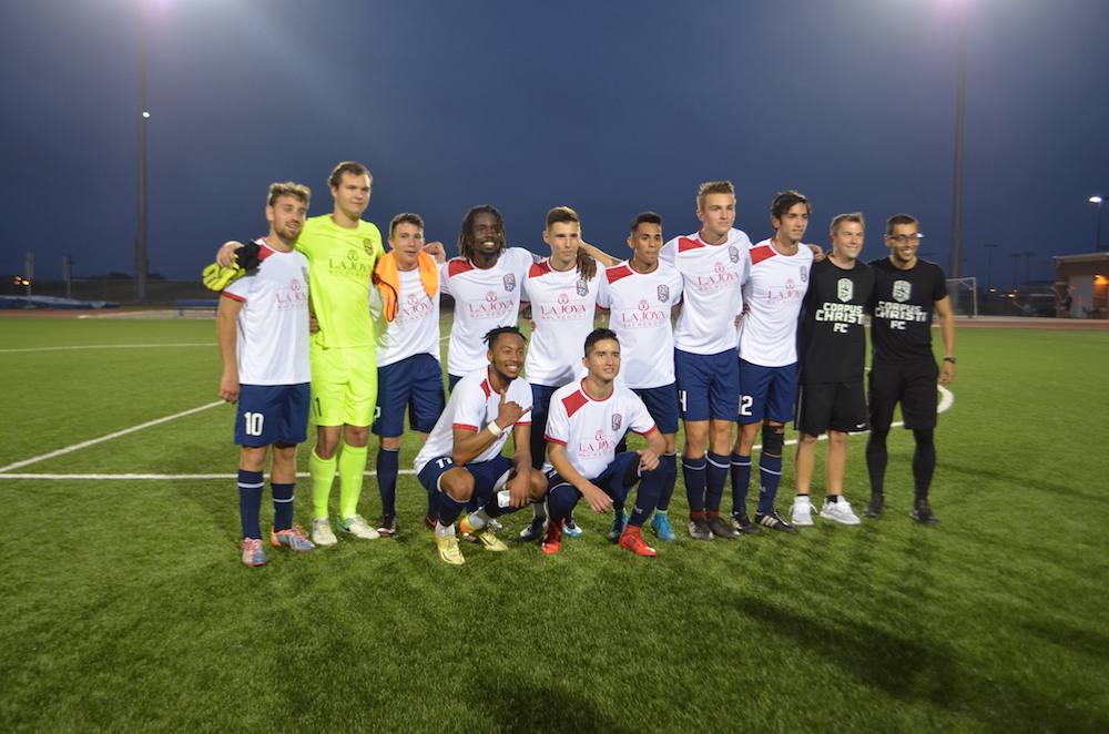 The Corpus Christi Sharks soccer team poses for a group photo after a successful first game against the Houston Royals. The Sharks took a bite out of the Royals with a 3-0 win. Photo by Jane Kathleen Gregorio