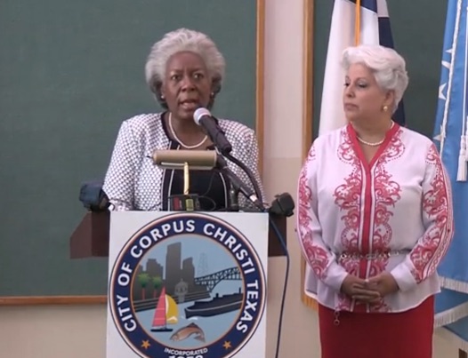 Deputy (and acting) city manager Margie C. Rose (left) with Corpus Christi Mayor Nelda Martinez at the May 25 daily briefing updating media on the boil water notice.