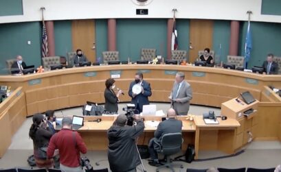 Corpus Christi Mayor Joe McComb presented a ceramic plate with the city seal to retiring at-large Councilor Rudy Garza during the Tuesday, Oct. 27, council meeting. Garza resigned from the council to take a seat on the Del Mar College board of regents. Screen capture image