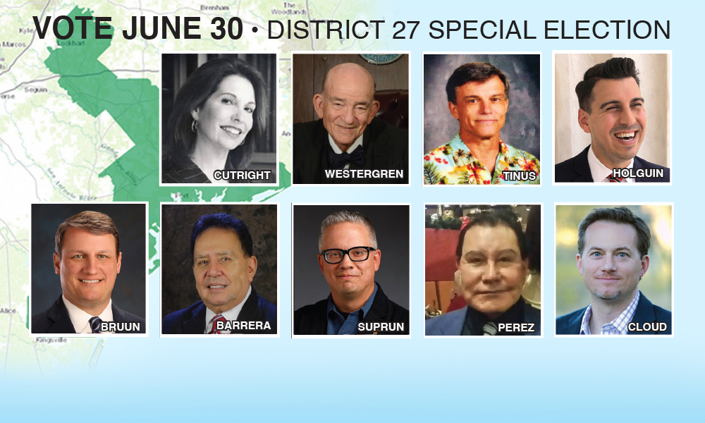 The nine candidates vying to fill a vacated congressional seat in Texas' District 27, which stretches from Corpus Christi to Bastrop, include Republicans, Democrats, Independents, and a Liberterian. Staff illustration