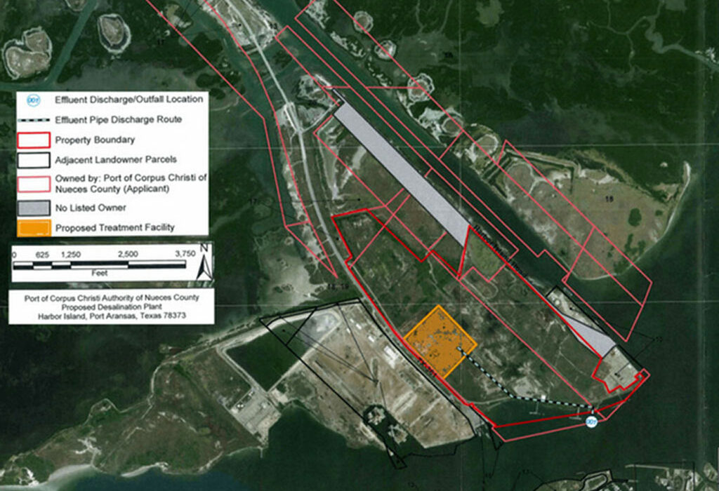 A map of Harbor Island at Port Aransas with the site of the Port of Corpus Christi’s proposed seawater desalination plant in yellow. The port is requesting an intake permit from the Texas Commission on Environmental Quality for the plant. Courtesy image