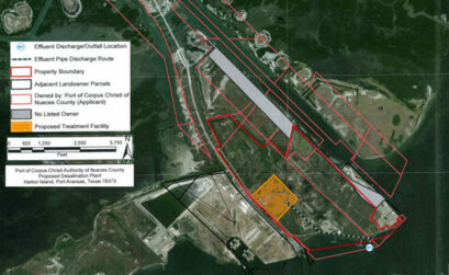 A map of Harbor Island at Port Aransas with the site of the Port of Corpus Christi’s proposed seawater desalination plant in yellow. The port is requesting an intake permit from the Texas Commission on Environmental Quality for the plant. Courtesy image