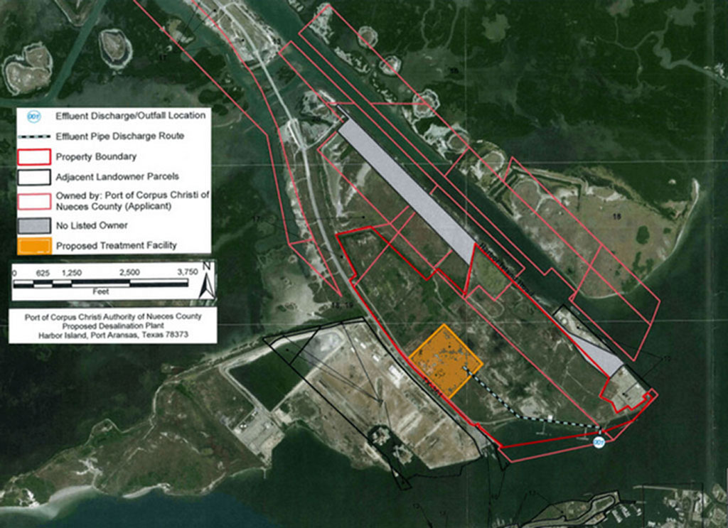 A map of Harbor Island at Port Aransas with the site of the Port of Corpus Christi’s proposed seawater desalination plant in yellow. The port is requesting an intake permit from the Texas Commission on Environmental Quality for the plant. Courtesy image