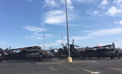 Around 80 helicopters landed in the parking lot at Whataburger Field Sept. 19, awaiting shipment to Europe out of Port Corpus Christi. Photos by Angela Sciantarelli
