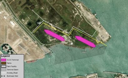 Image shows where Very Large Crude Carriers would dock for loading at Lone Star Port’s planned terminals on Harbor Island in Port Aransas. Courtesy image