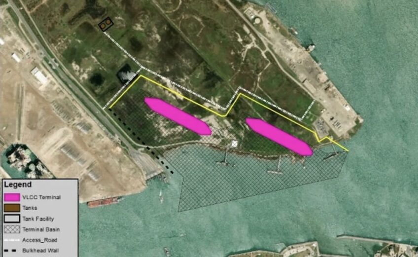 Image shows where Very Large Crude Carriers would dock for loading at Lone Star Port’s planned terminals on Harbor Island in Port Aransas. Courtesy image