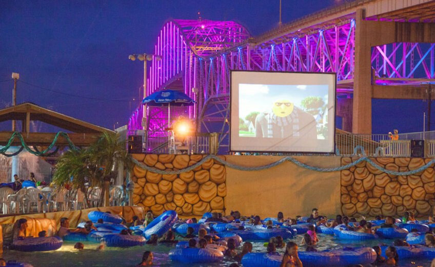 The Harbor Bridge provides a colorful backdrop to the dive-in movies at Hurricane Alley Waterpark in Corpus Christi. Courtesy photo